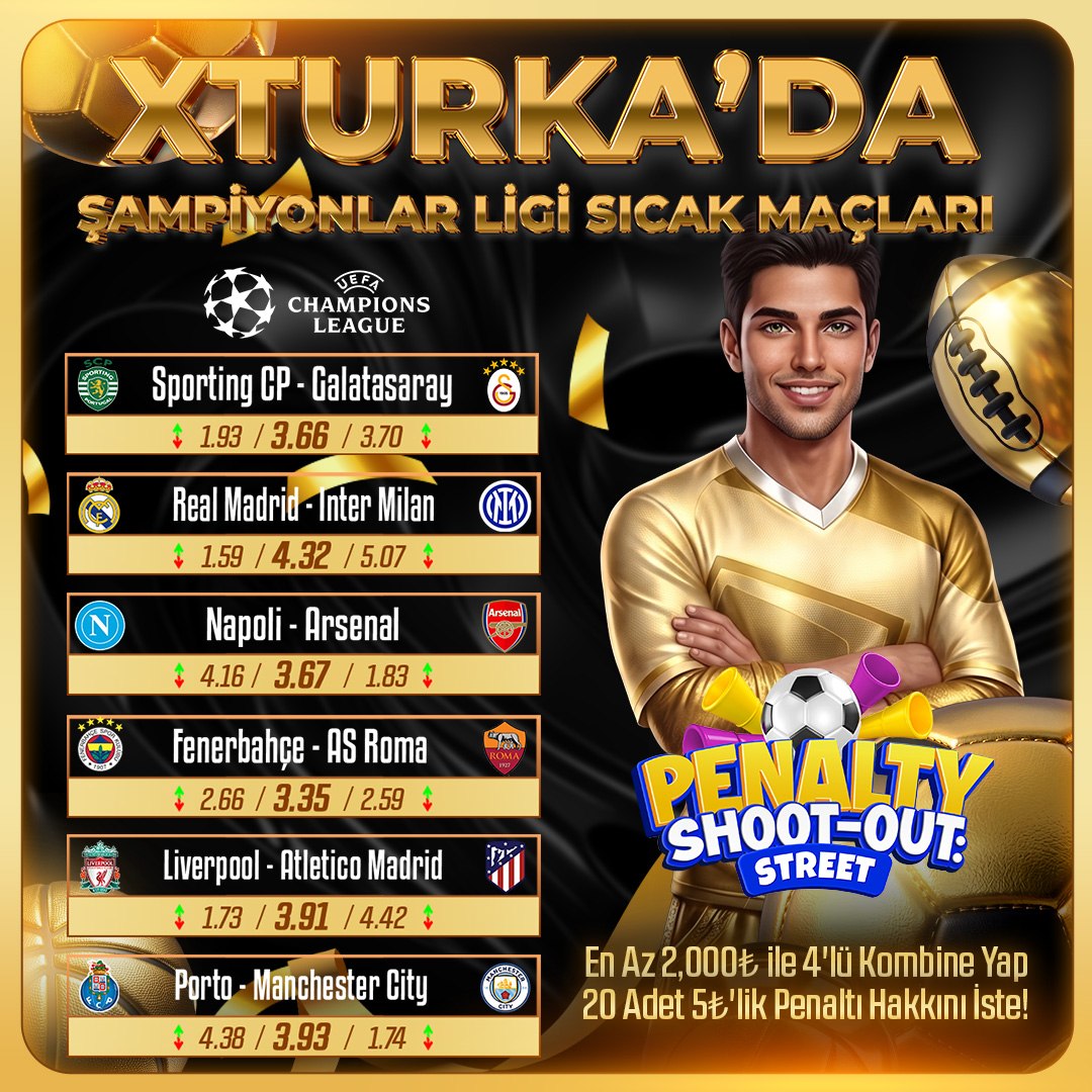 XturkaOfficialX's tweet photo. 🏆 **ŞAMPİYONLAR LİGİ HEYECANI XTURKA’DA!**

⚽️ Dev maçlarda heyecan dorukta!

🔥 Sporting, Real Madrid, Napoli ve daha fazlası seni bekliyor!

🎯 **Şimdi tahminini yap, maç keyfini XTURKA’da yaşa!**

Xturka Giriş: https://t.co/o2hz5uaaLd https://t.co/mjwdkYRoe0