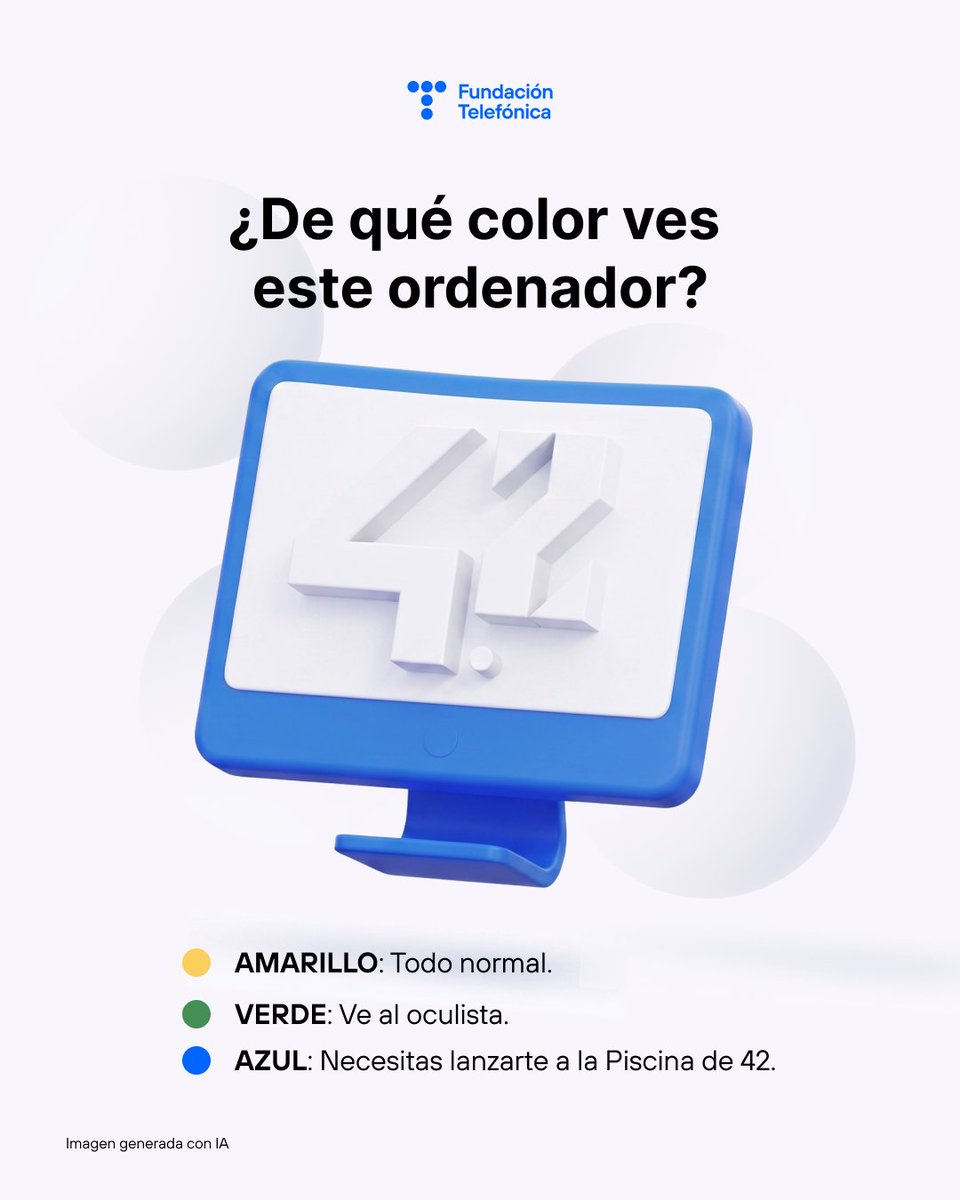 fundacionTef's tweet photo. ¿Lo ves azul? Buenas noticias: deberías apuntarte a Campus 42. 💻🔵

En las Piscinas aprendes a crear tecnología desde cero: sin profesores, sin clases, gratis. Solo hay que ser mayor de edad.

👉 Lánzate: https://t.co/5n2XvAomol

#Campus42 #FundaciónTelefónica https://t.co/kVLBoOX2ma