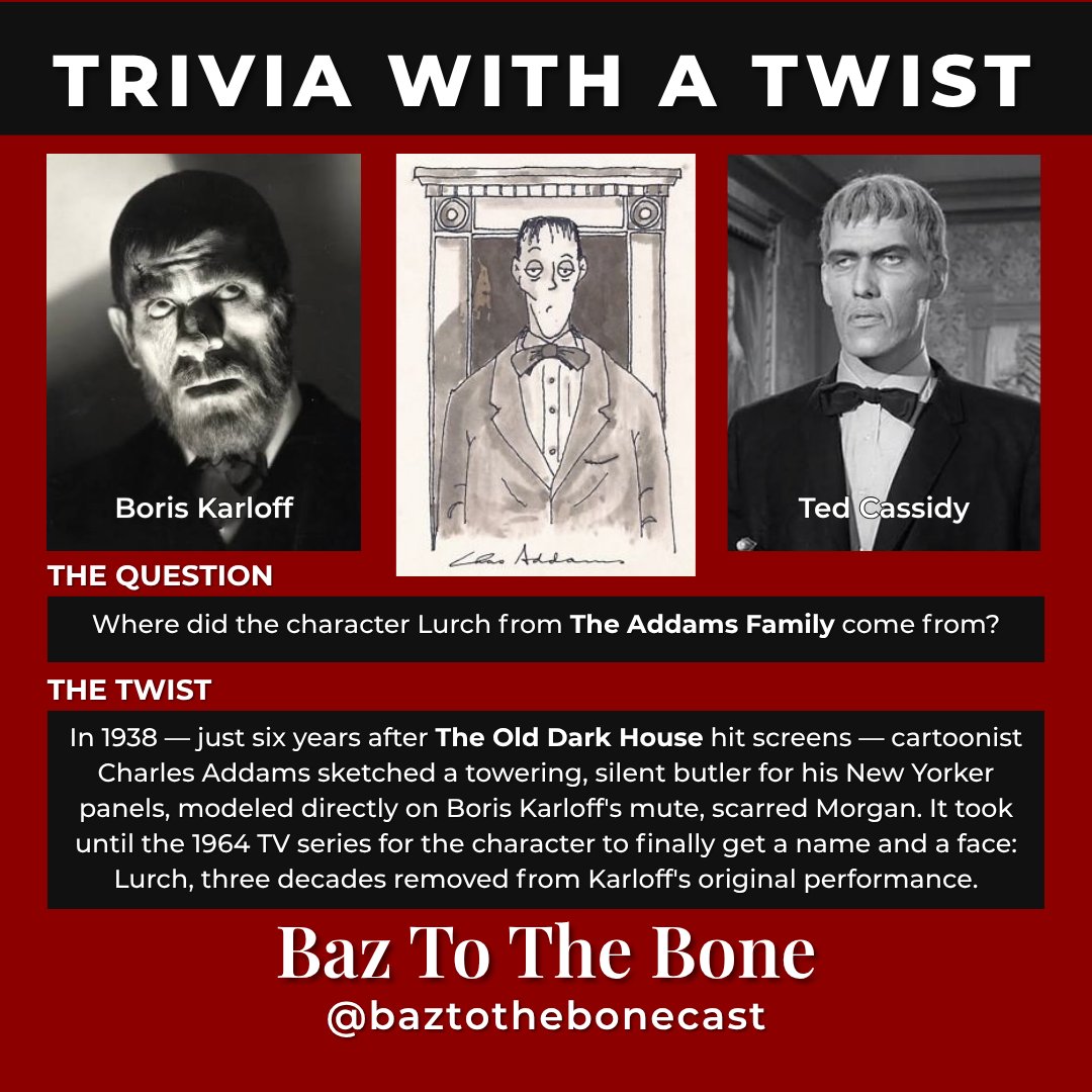 baztothebonepod's tweet photo. Lurch from The Addams Family? Modeled on Boris Karloff's mute butler Morgan in a nearly-forgotten 1932 James Whale film. Nothing in this genre really disappears. New ep Tuesday. https://t.co/npuFLMXTkB