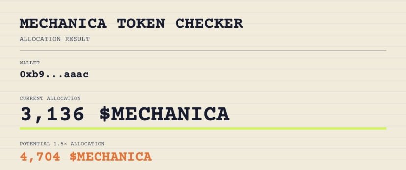benn2903's tweet photo. I checked my $MECHANICA allocation.

Current allocation: 3,136 $MECHANICA
Potential 1.5× allocation: 4,704 $MECHANICA

Check yours:
https://t.co/KtHRpDKivP

@RoyalMechanica https://t.co/iEB4pURea7