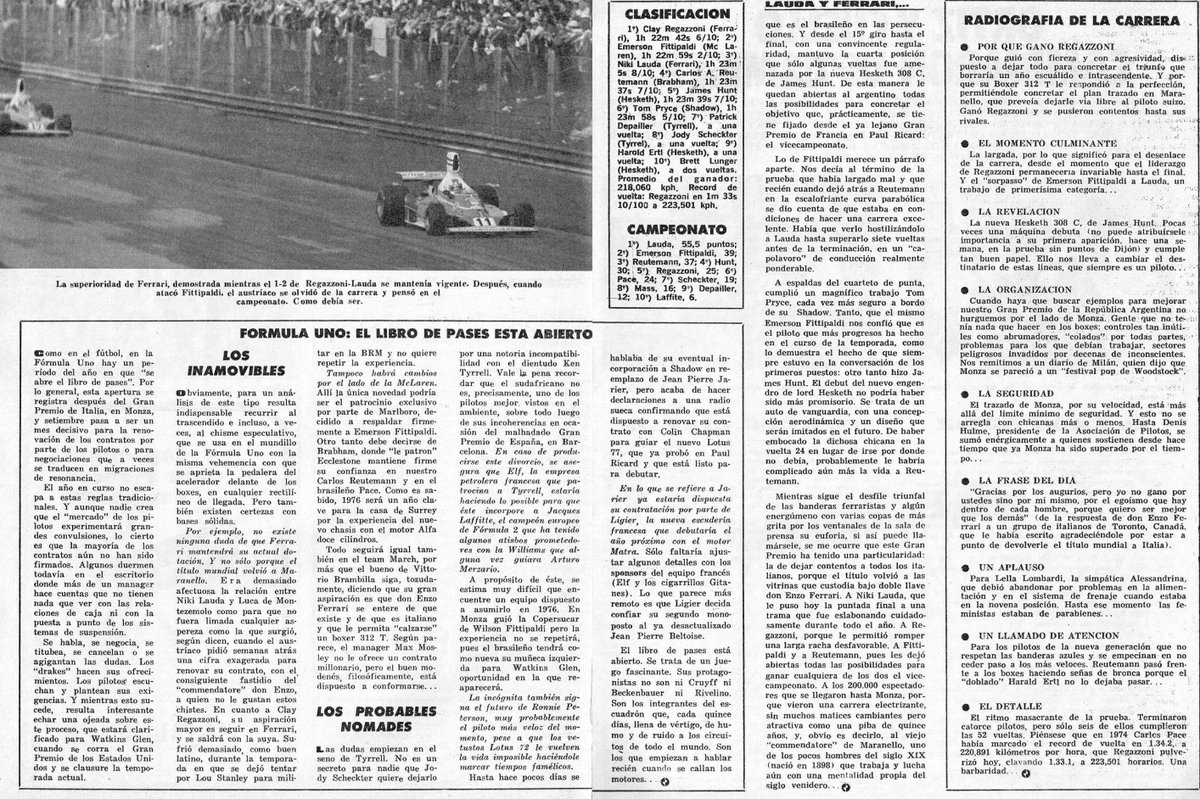 PatoG82's tweet photo. 7 de Septiembre de 1975, GP de Italia de la F1 en Monza 🇮🇹
LAUDA Y FERRARI, LOS ÍDOLOS DE ITALIA
"La carrera para Regazzoni 🏆, el título para Lauda 👑. Ferrari rompió su racha de once años sin coronas"
🇦🇷 4° Carlos Reutemann
📝 El Gráfico
#ClayRegazzoni #NikiLauda #FerrariF1 https://t.co/3uathaHG8b