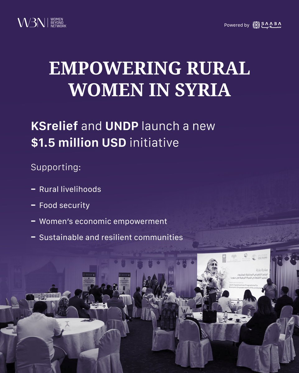 WomenBeyondNet's tweet photo. The King Salman Humanitarian Aid and Relief Centre (KSrelief) and the United Nations Development Programme (UNDP) have signed an agreement to launch the Economic Empowerment of Rural Women in Syria project.

Funded by the Kingdom of Saudi Arabia through KSrelief under the Bathraa Initiative, the US$1.5 million project aims to restore rural livelihoods, strengthen food security, and promote sustainable economic empowerment. The initiative is expected to benefit approximately 285,320 people across three of Syria’s most vulnerable rural governorates, with a particular focus on expanding economic opportunities for rural women and supporting more resilient local communities.