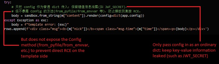 _AkatsukiLegion's tweet photo. The Flask app uses sandboxed Jinja2. The operator intentionally leaked JWT_SECRET through template rendering but blocked direct #RCE methods, protecting their own infrastructure from other attackers while still exposing sensitive config values. https://t.co/M1MP7E72tM