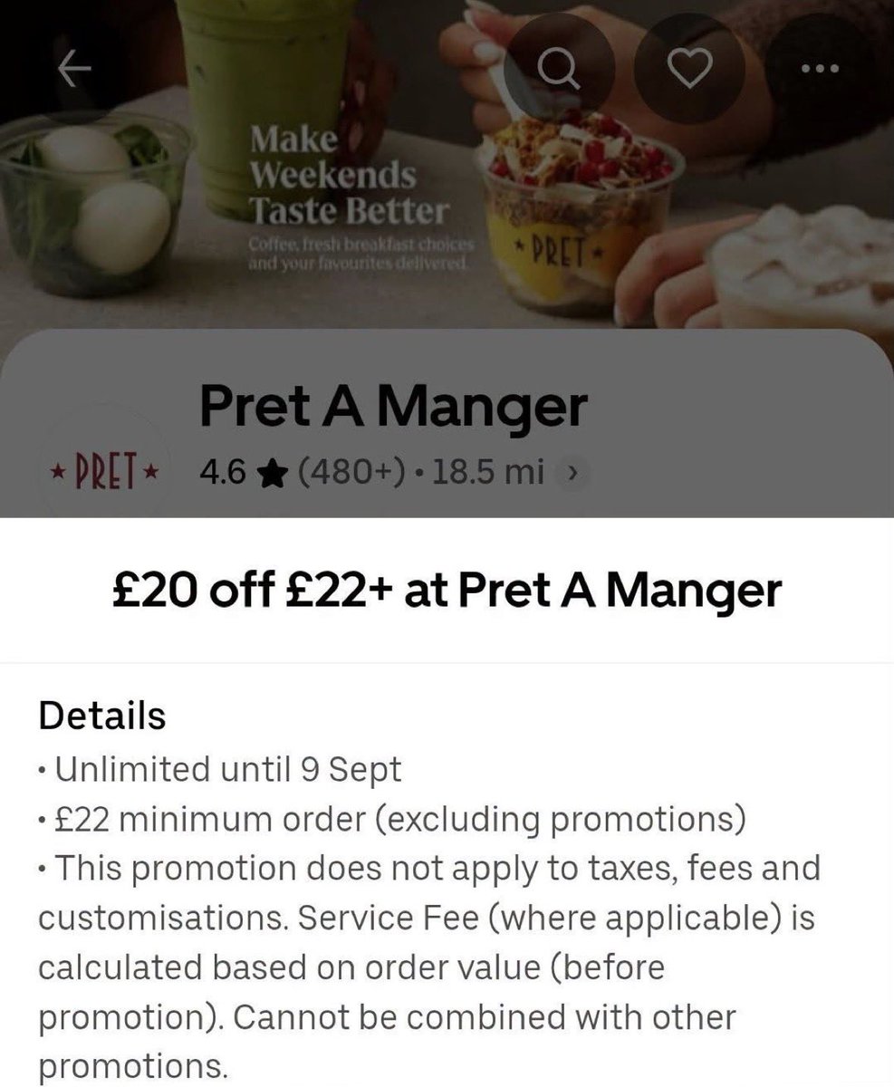 catchagem_'s tweet photo. 🥐 Check to see if you can get £22 worth of Pret for £2 

Random accounts will have this offer on UberEats when they click on a Pret A Manger store - Only a very small amount of you will have this offer https://t.co/cCKghdFwnX
