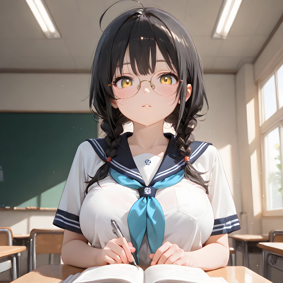 ruma_illust's tweet photo. (1/2)
「……どこ見てるのよ」

放課後、二人きりの教室で勉強を教えてくれている大和。 ノートを覗き込んでくる距離が近くて、ふわりと香るシャンプーの匂いと胸元に思わず目を奪われてしまう。 視線に気づいた彼女は真っ赤になってノートで顔を隠した。
#aiイラストㅤㅤㅤㅤ #委���長 https://t.co/lnwtYWeDX8