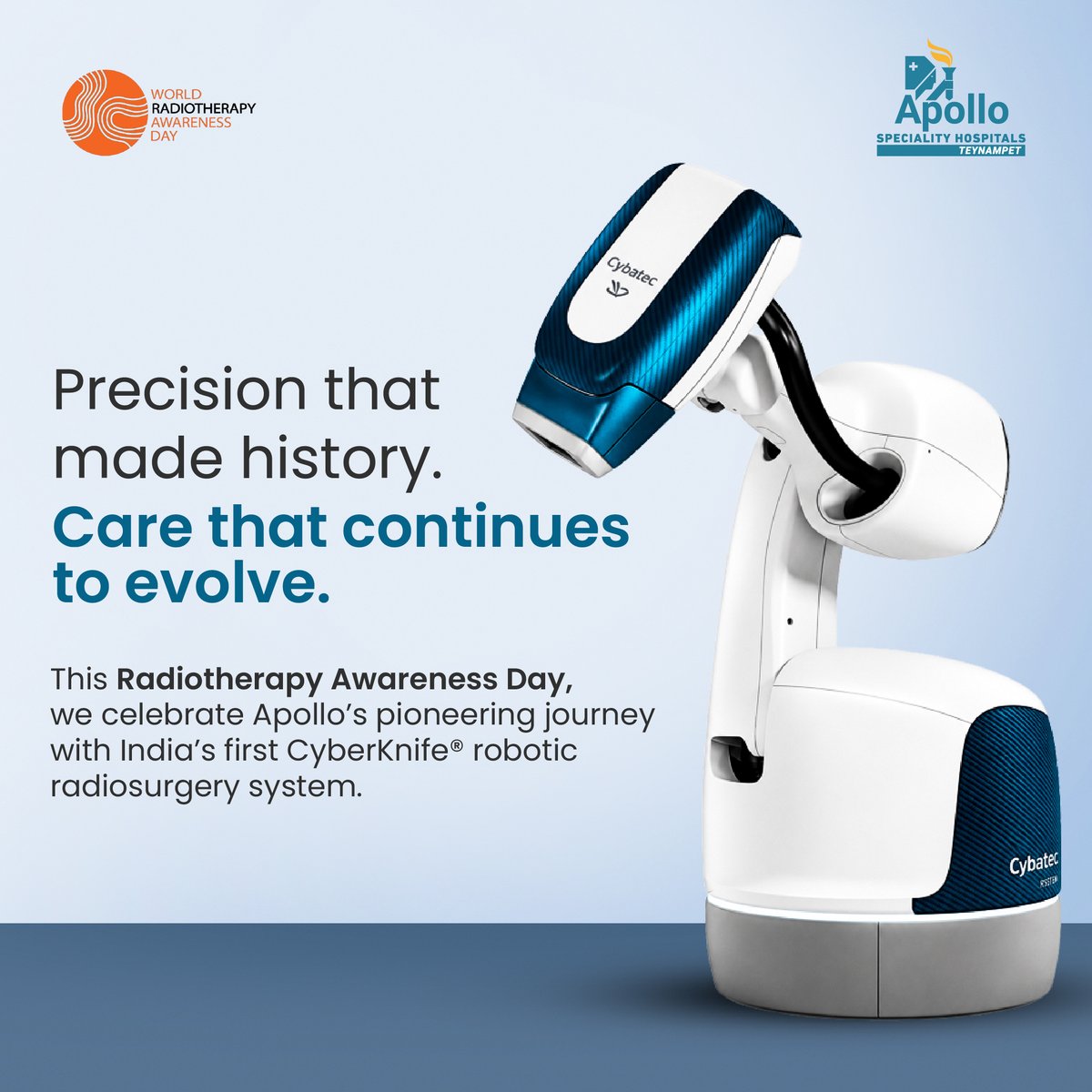 ApolloTeynampet's tweet photo. We made history with precision.

On Radiotherapy Awareness Day, we honour the technology that started it all - India’s First CyberKnife® Robotic Radiosurgery System at Apollo.

#RadiotherapyAwarenessDay #WorldRadiotherapyAwarenessDay #CyberKnife https://t.co/8FDCSnfhWA
