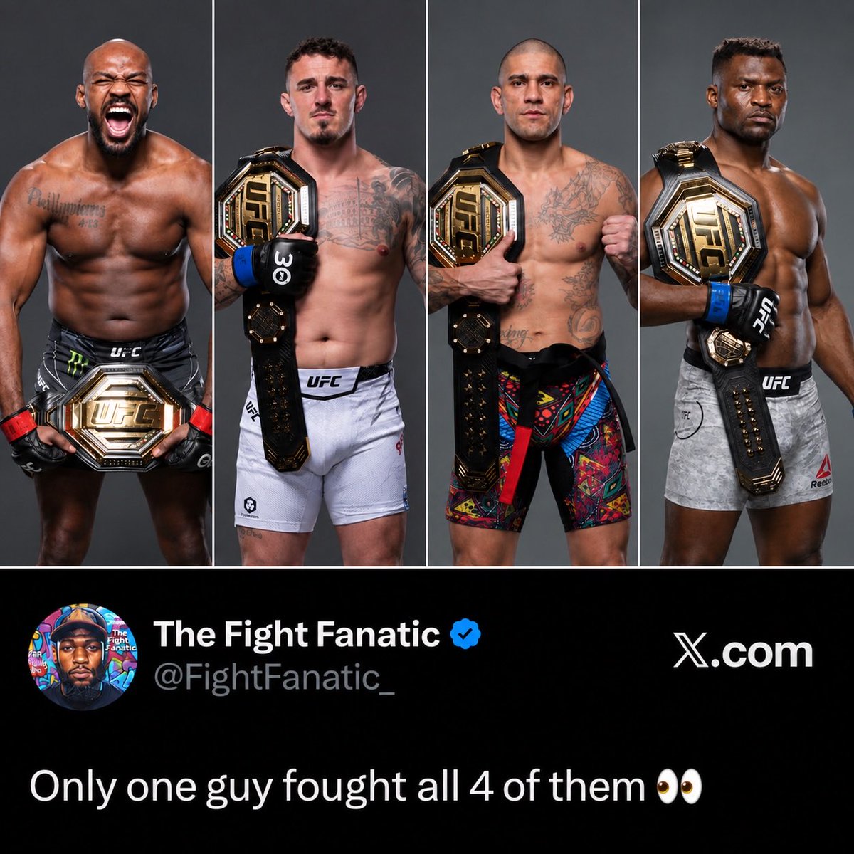 FightFanatic_'s tweet photo. Only one guy fought all 4 of them 👀

#UFC #MMATwitter https://t.co/uZSsOovtlP