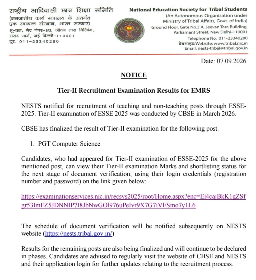 resultbharat's tweet photo. 💥 EMRS Teaching/ Non Teaching Various Post 2025 Tier-II Result 2026 - Out 🎤
🔹 Notice Date: 07/09/2026
#EMRS #NESTS #TeachingJobs #NonTeachingPost #Tier2AdmitCard #ResultBharat
🔗 Download Now:👇 https://t.co/E27UWZ19oj
📲 इस जानकारी को दोस्तों के साथ शेयर करें और सरकारी नौकरी अपडेट्स के लिए जुड़े रहें ✅🌟