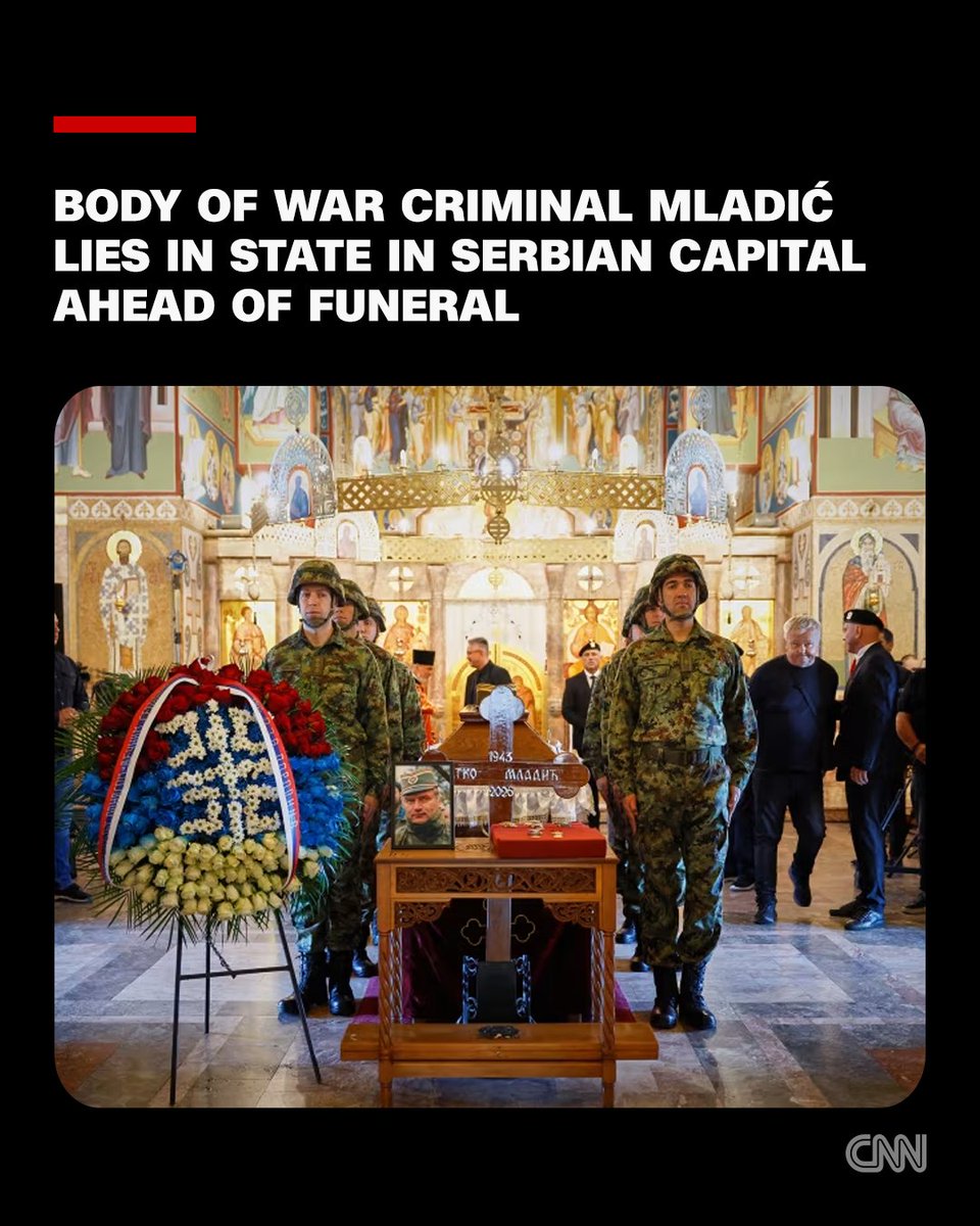 CNN's tweet photo. The body of Ratko Mladić, the Bosnian Serb commander who died while serving a life sentence for war crimes, lay in state as Serbia defied European Union warnings against allowing public homage to the man found guilty of the continent's first case of genocide since World War II. https://t.co/qqegLJN0zA