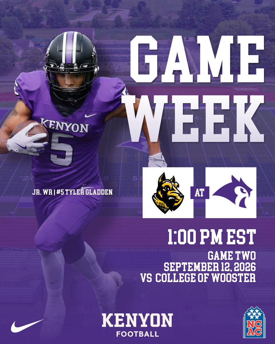 KenyonFootball's tweet photo. 🚨HOME OPENER GAME WEEK🚨 
🆚: College of Wooster
⏰: 1:00 PM EST
🏟️: McBride Field
📍: Gambier, OH
📺: https://t.co/ahyisq2qeh

#TakeFLIGHT #GoOwls https://t.co/3LF8vwvQbq