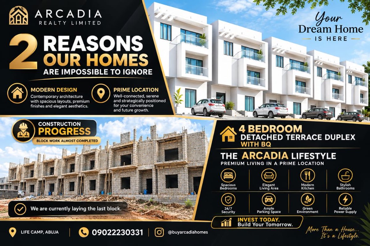 Buyarcadiahomes's tweet photo. Your dream home is taking shape. 🏡✨
A premium 4-bedroom detached terrace duplex with BQ in Life Camp, Abuja, designed for modern living and positioned for lasting value.
🔨 Block work almost completed. 
The vision is becoming reality.
📞 09022230331
📲 @buyarcadiahomes https://t.co/jM941pNLwl