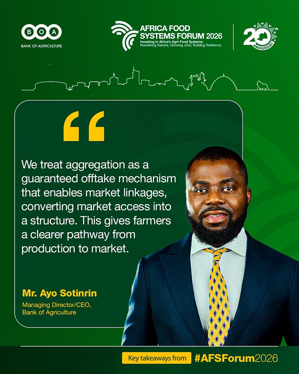 bankofagricng's tweet photo. Agricultural transformation takes more than capital.

At #AFSForum2026, our MD/CEO @ayosotinrin shared BOA's perspective on two critical parts of the equation: inclusive financing for youth &amp; women, &amp; stronger pathways from production to market.
#BOA #AFSF #AgriculturalFinancing https://t.co/GZIkNLU2yD