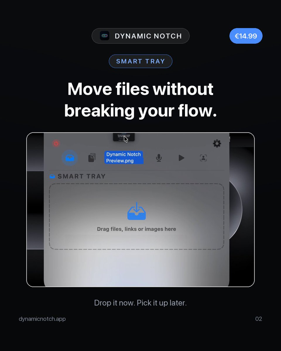 FlowPill's tweet photo. Your files don’t need another cloud account.

Smart Tray keeps them on your Mac. No account, no trackers and no cloud sync.

Dynamic Notch · €14.99 once  
Link in bio.

#MacBook #macOS #MacApps #Privacy #Productivity https://t.co/LBS4HwHwY1