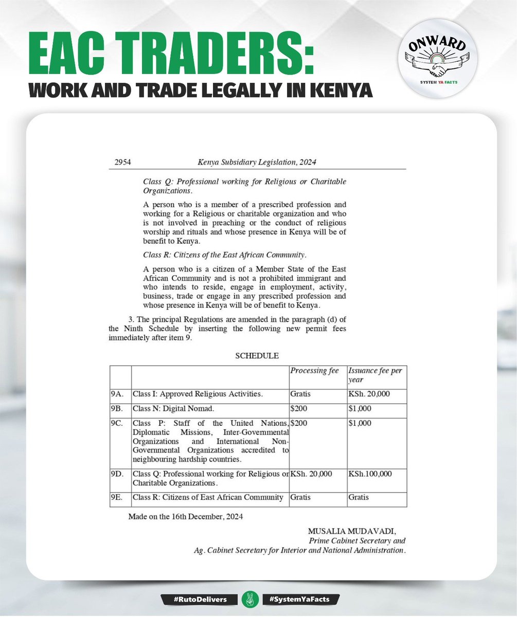 Nael254's tweet photo. According to the official Kenya Subsidiary Legislation 2024 schedule, Class R permits for EAC citizens are completely FREE. Operate Legally InKenya today. Get your official permit and grow your trading presence smoothly. #EACSmallTradersPermit https://t.co/Mue88gap5o