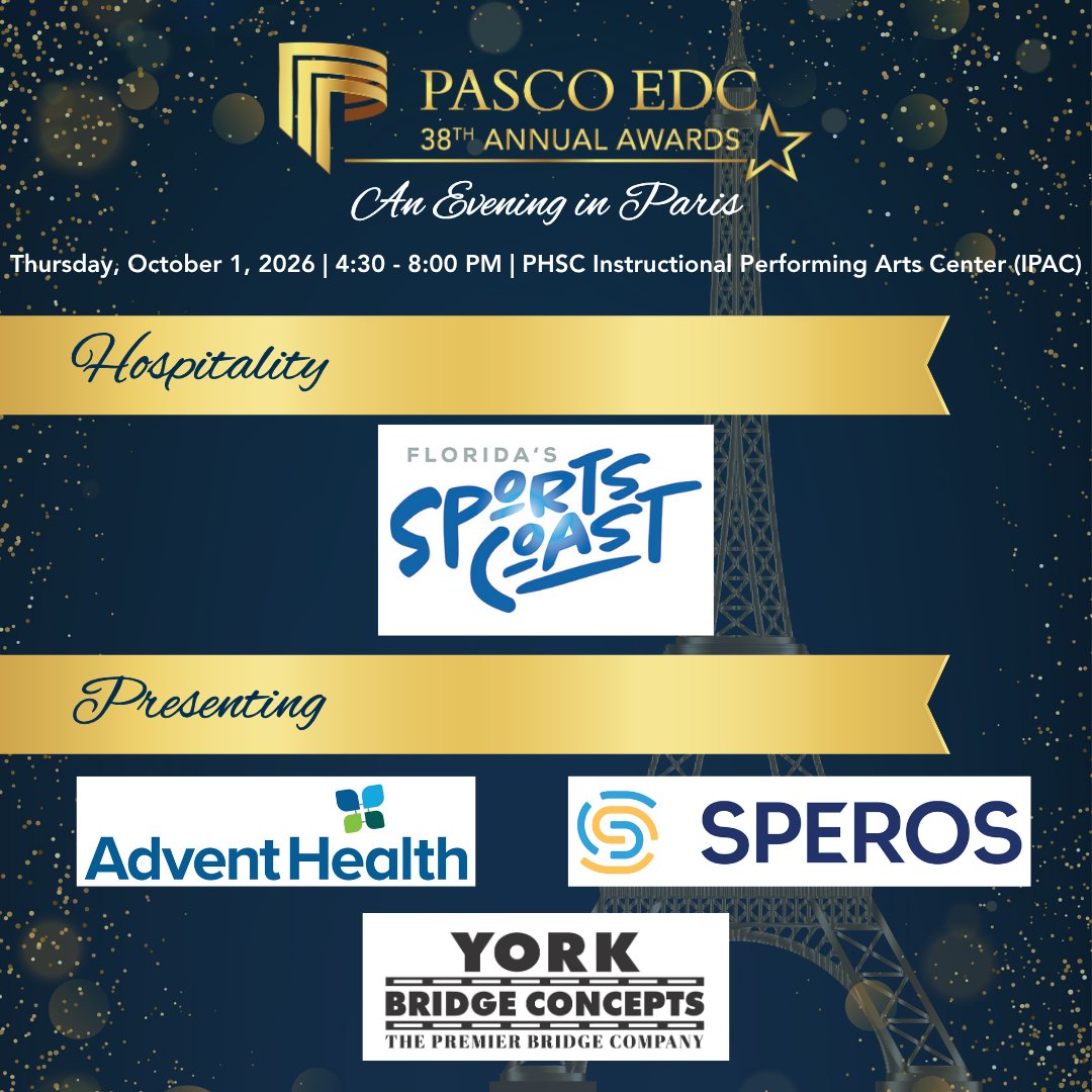 PascoEDC's tweet photo. Special thanks to our Hospitality and Presenting sponsors for the #PascoEDCAnnualAwards2026!
✨ @FLSportsCoast
✨ @AdventHealthWFL
✨ @MoffittNews
✨York Bridge Concepts

Registration will be closing soon! Don't miss out and secure your spot now at https://t.co/55OPQ0j1oA #PascoProud