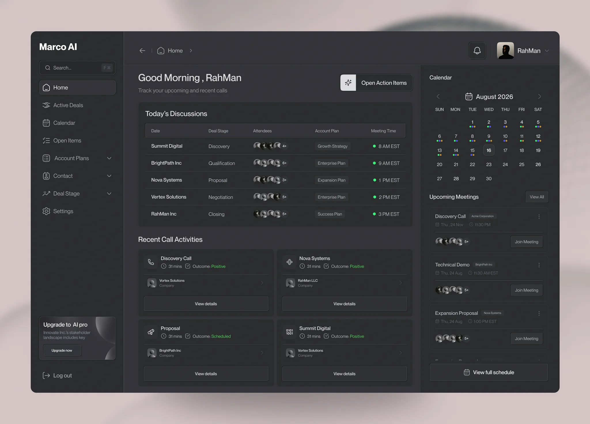 AI 세일즈 CRM 대시보드 — 다크 3단 레이아웃과 미팅 캘린더