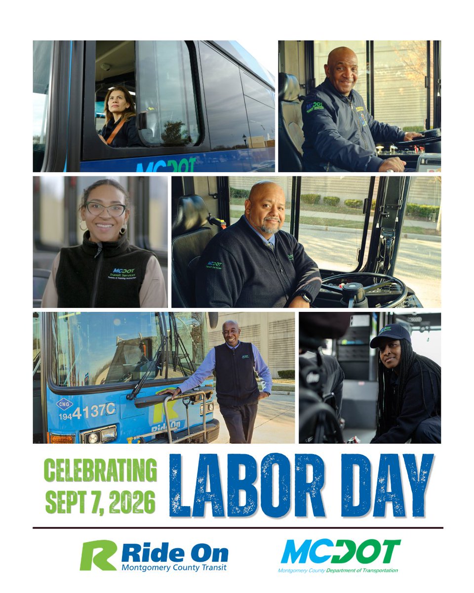 RideOnMCT's tweet photo. Happy Labor Day from Ride On! 🎉 We are proud of every employee who works tirelessly to keep Montgomery County moving. 🚌 

@MCDOTNow https://t.co/E44tGp8dtP
