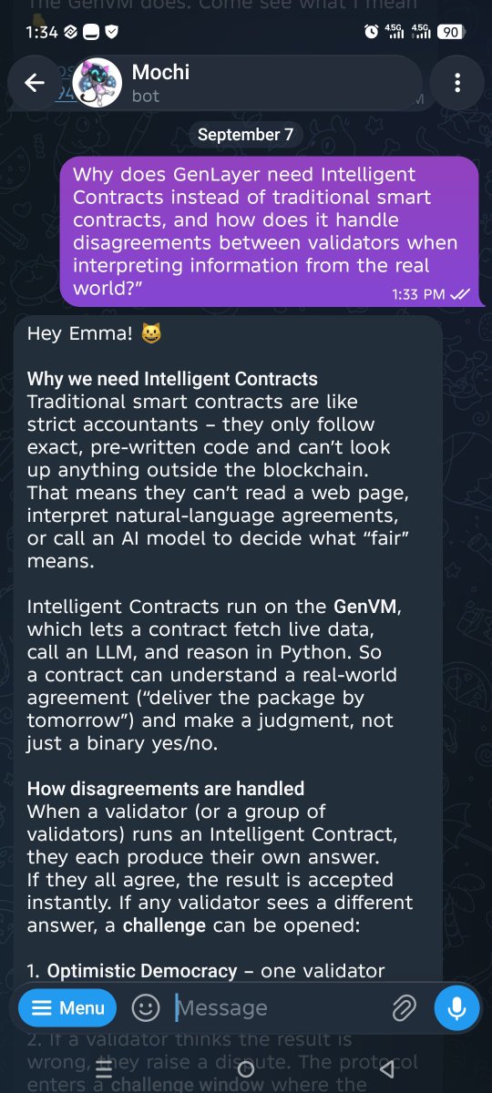 emma_builds's tweet photo. I asked Mochi how @GenLayer handles disagreements between validators, and the answer surprised me. I learned that Intelligent Contracts aren’t relying on a single AI to make decisions. Validators independently check results, and disagreements trigger a built-in dispute process. https://t.co/dQGtUOfJSn