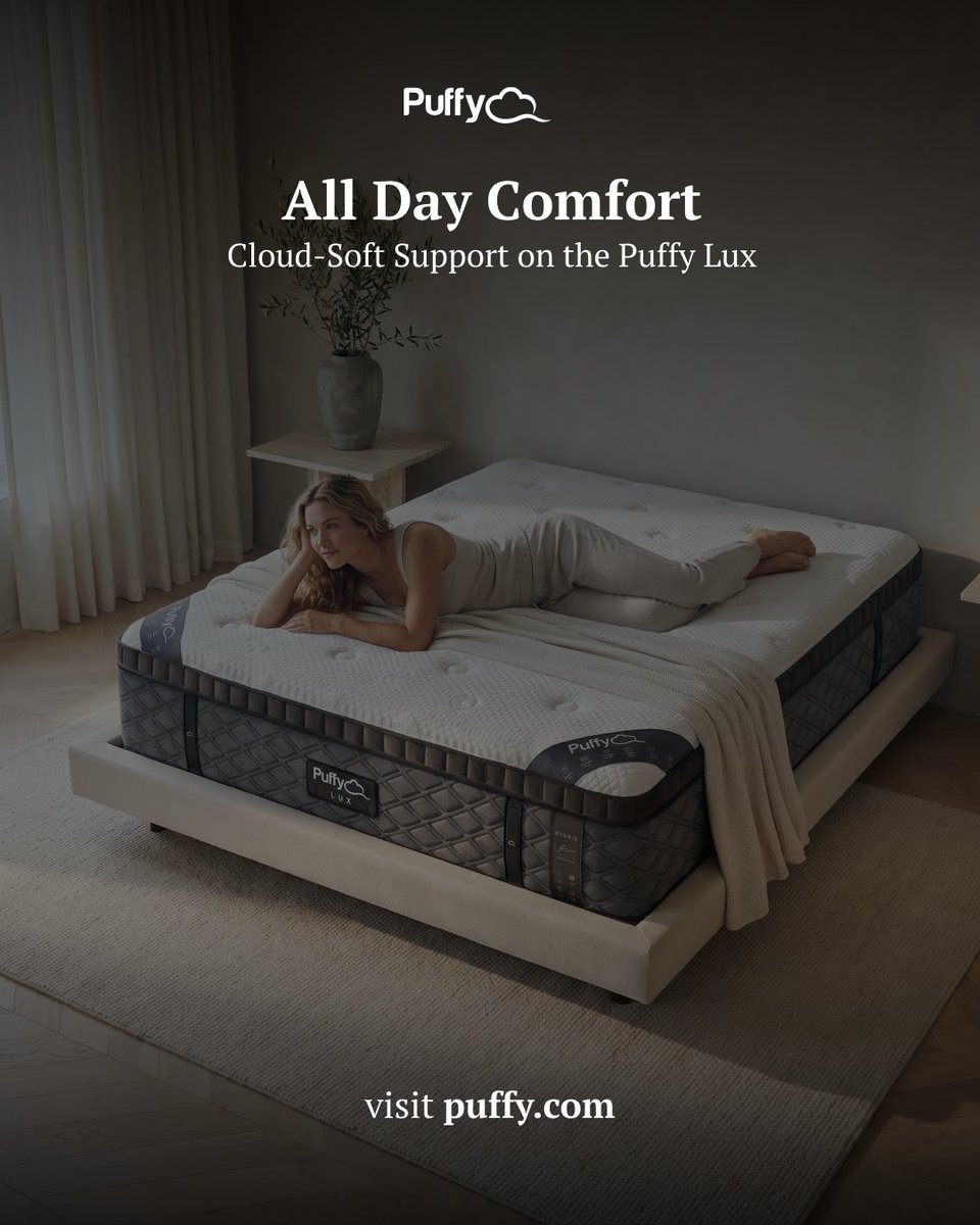 PuffyMattress's tweet photo. "The mattress is the most comfortable I've ever slept on due to soft-top, but supportive." – Rustina

Some comfort is worth lingering for. The Puffy Lux is cloud-soft on top and supportive all the way. 

Trusted by 1M+ Sleepers https://t.co/u7RhQ8CfhC
