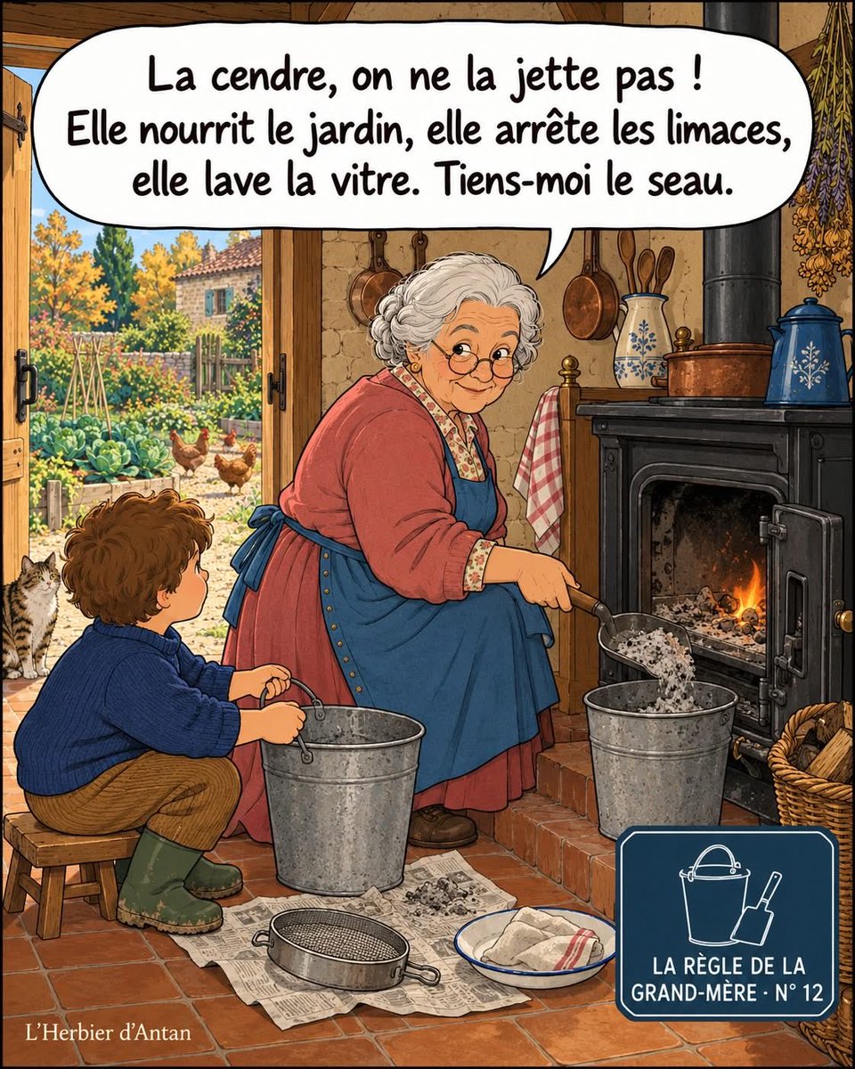 yvan_theriault's tweet photo. La cendre 

Dans quelques semaines, les premières flambées. Et dans des milliers de maisons, le même geste : le cendrier du poêle vidé dans le sac-poubelle. Chez ma grand-mère, la cendre avait son seau, son coin, et quatre métiers. 🔥

Elle ne l'aurait jetée pour rien au monde. Voici pourquoi.

🌿 LA RÈGLE COMPLÈTE, COMME AVANT ⬇️

1. 🥬 LA CENDRE NOURRIT LE JARDIN. La cendre de bois est pleine de potasse et de calcium. Nos anciens en jetaient une poignée au pied des poiriers, des choux, des tomates de l'an prochain, et surtout des framboisiers. Toujours du bois PROPRE, jamais du bois peint ni du charbon. Et jamais trop : une poignée par mètre carré, une fois par an, sinon la terre devient trop « douce ».

2. 🐌 LA CENDRE ARRÊTE LES LIMACES. Un cordon de cendre sèche autour des salades, et la limace ne passe pas : la cendre lui colle au corps et l'assèche. Ça marche jusqu'à la première pluie, puis on recommence. Les anciens n'avaient rien d'autre, et leurs salades tenaient.

3. 🪟 LA CENDRE LAVE LA VITRE DU POÊLE. Le secret le moins connu : un chiffon humide trempé dans la cendre fine, et la vitre noircie de l'insert redevient claire en deux minutes, sans produit. La cendre est un abrasif très doux et un dégraissant. Nos grands-mères nettoyaient les carreaux et les casseroles en cuivre avec.

4. 🐔 LA CENDRE SOIGNE LES POULES. Une caisse de cendre sèche dans un coin du poulailler, et les poules s'y roulent : c'est leur bain. Il tue les poux rouges et les parasites de la plume. Sans cendre, la poule se roule dans la terre. Avec, elle a son savon.

🌿 Le détail d'antan : la cendre passée au tamis, mise à tremper dans l'eau, donnait la lessive de cendre, qui lavait le linge de toute la maison avant les lessiveuses. On y reviendra, c'est un savoir entier.