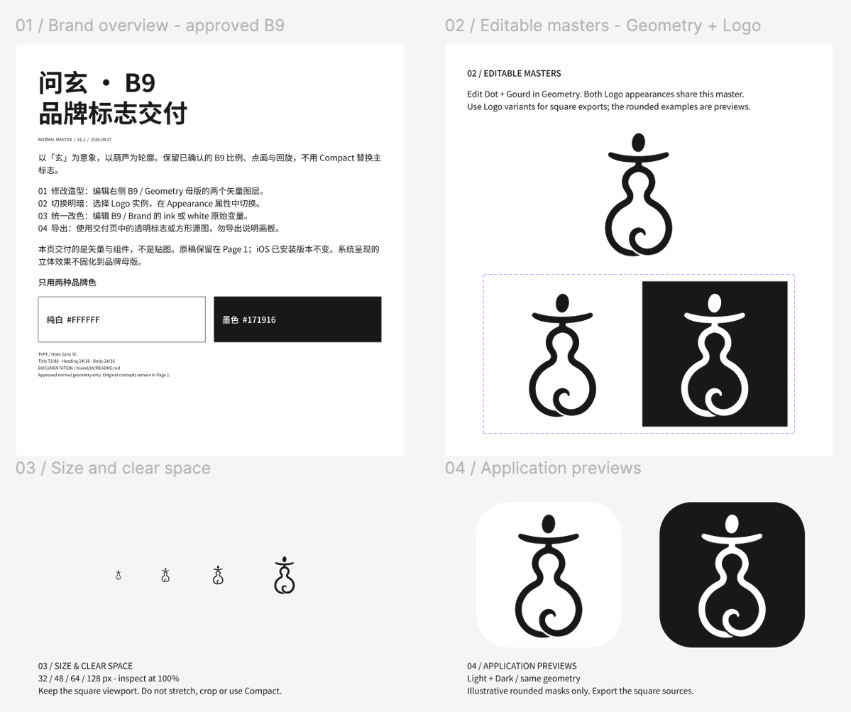 yipo_ai's tweet photo. 现在产出 logo 可以说无比简单，根本不需要用任何 skill
今天给问玄 AskXuan 重新设计了以“玄”字为理念的 Logo
Codex Astra 6 生图，选定视觉稿后
直接computer use 操作 figma 产出矢量svg/pdf
30 分钟手都不用动一下就搞完了
最关键这个logo元素都是可编辑的，亮暗色、尺寸俱全
连figma mcp都不需要，因为免费账号mcp 老限额