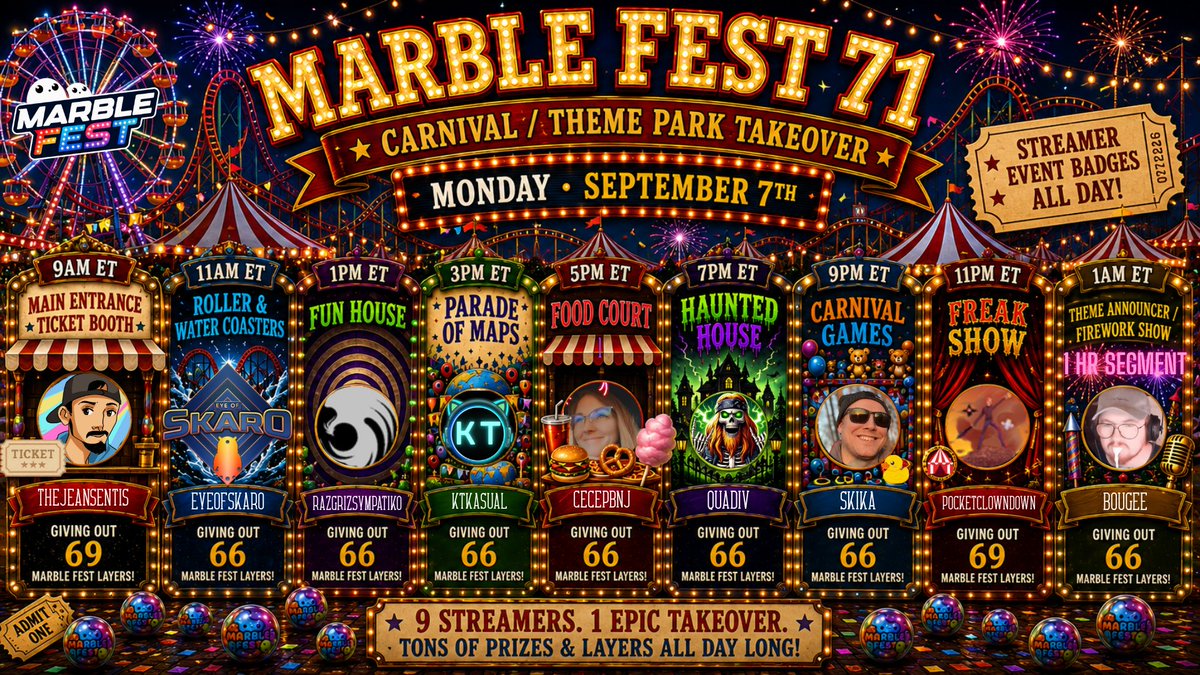 PixelbyPixelStu's tweet photo. Marble Fest Day 1 is about to begin!

600 layers roll through the carnival midway.

ET: 9a TheJeansentis • 11a EyeofSkaro • 1p RazgrizSympatiko • 3p KtKasual • 5p CecePBNJ • 7p QuadIV • 9p Skika • 11p PocketClownDown • 1a Bougee
#MarblesOnStream https://t.co/sY8TfsgtaV