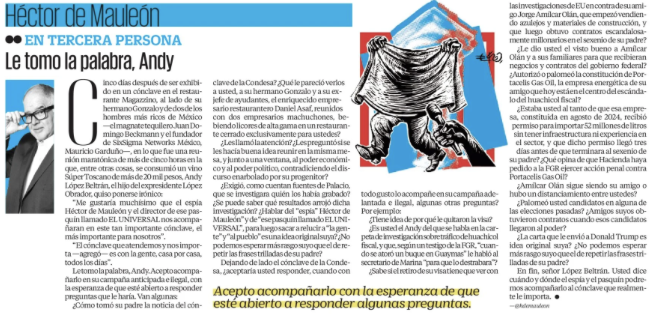 JJDiazMachuca's tweet photo. ¡A VER DÓNDE SE ESCONDE LA RATA DE ANDY LÓPEZ BELTRÁN PARA NO CONTESTAR!

Héctor de Mauleón (@hdemauleon) le tomó la palabra a Andy López Beltrán.

Andy presume que su verdadero “cónclave” es con el pueblo, “casa por casa”.

¡PERFECTO!

Entonces que aproveche la caminata y les conteste a los mexicanos:

¿Por qué le habrían retirado la visa de Estados Unidos?

¿Es él el “Andy” mencionado en una carpeta de investigación sobre huachicol fiscal, donde un testigo de la FGR habla de un buque atorado en Guaymas y de una llamada al secretario de Marina para destrabarlo?

¿Es él “el hijo del presidente” mencionado en esa misma carpeta?

¿Qué sabe de Portacelis Gas and Oil, empresa vinculada a su amigo Amílcar Olán?

¿Sabía que Hacienda pidió a la FGR ejercer acción penal contra esa empresa por presuntos delitos fiscales?

¿Y qué sabe de las investigaciones estadounidenses alrededor de su amigo Amílcar Olán?

¡ÉSTE ES EL VERDADERO “CASA POR CASA”, ANDY!

Para llamar “espía” a Héctor de Mauleón, “pasquín” a EL UNIVERSAL y repetir el discurso de su papá sí tiene mucha lengua.

Ahora úsela para contestar.

Porque cuando las preguntas llegan al HUACHICOL FISCAL, los amigos empresarios y las investigaciones…

A VER DÓNDE SE ESCONDE LA RATA DE ANDY LÓPEZ BELTRÁN PARA NO CONTESTAR.