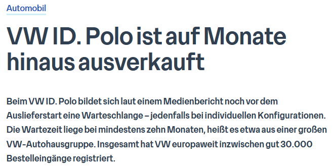 Lars_Invest's tweet photo. Wer hätte gedacht, dass die Menschen in Deutschland an einem bezahlbaren Elektrokleinwagen interessiert sind. 

VW ist zu dieser Erkenntnis auf jeden Fall reichlich spät gekommen und hat zusätzlich die Nachfrage für den ID Polo massiv unterschätzt. 

Somit sorgen die 30.000 Bestellungen in den ersten Monaten für extreme Lieferprobleme und Wartezeiten von mindestens 10 Monaten.

Kommt der ID Polo auch für euch in Frage? 
https://t.co/NA4jOPr5B3