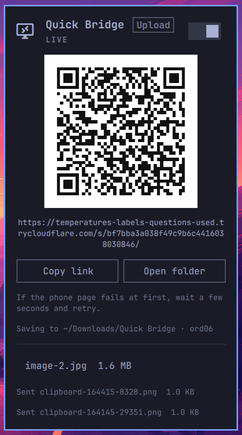 cfaulkingham's tweet photo. Next @OmarchyLinux plugin: Quick Bridge.

Spin up a Cloudflare Quick Tunnel from the bar so your phone can send or receive files, or hit a local server over HTTPS from anywhere. Scan the QR, optional PIN, session tears down when you’re done.

https://t.co/mlFvpvVOpE https://t.co/uAUcd8qaZp