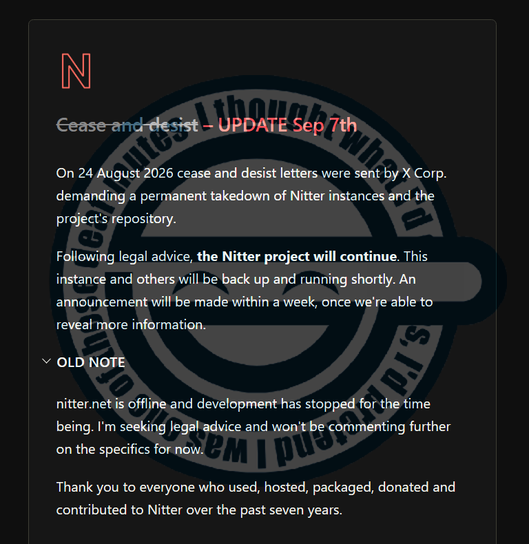snggle_'s tweet photo. Big Tech lost. 
Open source won.

Nitter, a front-end for browsing X without an account, is back online, and the project will continue.

You can't kill privacy. If it goes down again, remember that there are alternatives to Nitter that will keep the open web alive.

Privacy is a human right.