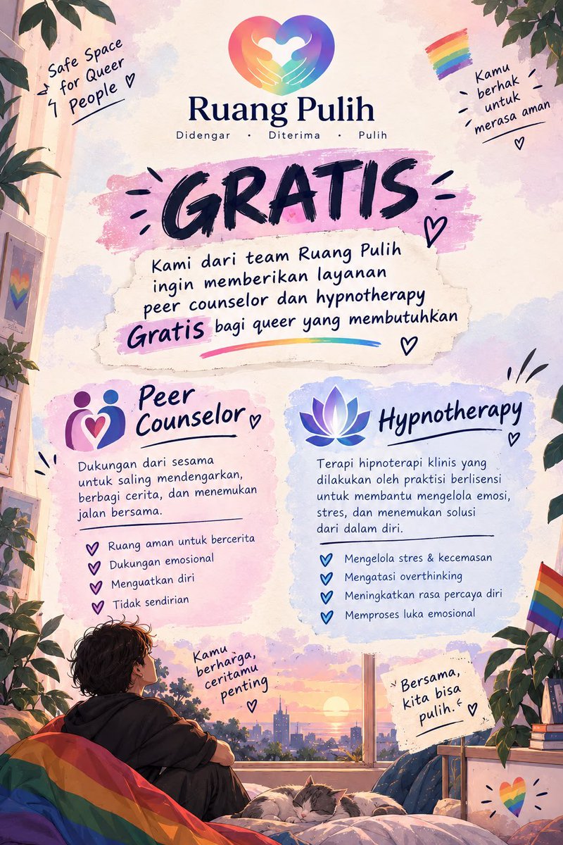 Roh_hutann's tweet photo. Kami dari tim Ruang Pulih ingin mewujudkan apa yang beliau inginkan agar teman teman queer mendapatkan akses layanan kesehatan yang aman. 

Kami membuka HYPNOTHERAPY &amp; PEER COUNSELOR GRATIS untuk queer yang membutuhkan. 

Cukup repost untuk membantu menyebarkan informasi ini. https://t.co/7uhKjxJTKI