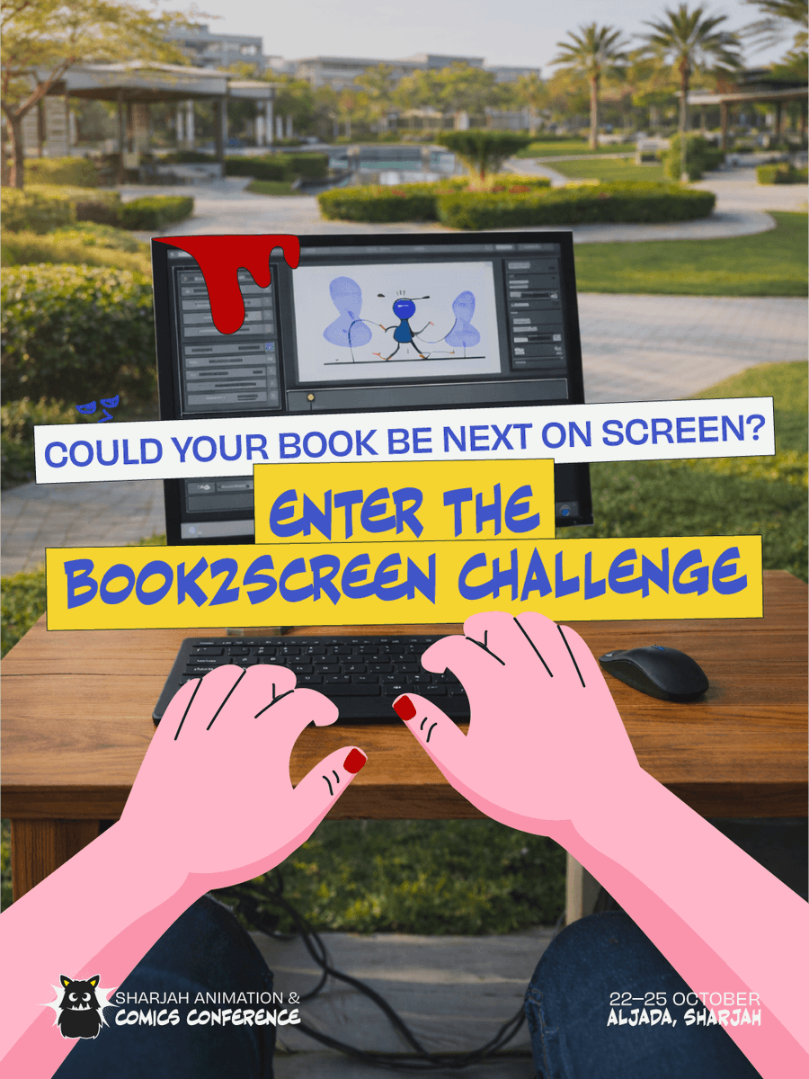 Shj_Animation's tweet photo. Arab stories are filled with worlds waiting to move from page to screen.

The Book2Screen Challenge at SACC 2026 invites participants to transform a story into an engaging visual trailer.
Participants will choose from a selection of pre-selected titles by Arab publishers. The selected book will be provided in PDF format, giving each participant the source material needed to develop their own creative interpretation and bring the story to life.

An expert jury will evaluate the final submissions, and the strongest entries will be selected as the winners.
Submissions are open until 1 October.

Winners will be announced at SACC 2026.

Submit through the link below: 

https://t.co/cBI8S0Bup3

تمتلئ قصصنا العربية بعوالم تنتظر أن تنتقل من الصفحة إلى الشاشة.

يدعو تحدي «من الكتاب إلى الشاشة» ضمن مؤتمر الشارقة للرسوم المتحركة والقصص المصوّرة 2026 المشاركين إلى تحويل قصة إلى فيديو ترويجي بصري مشوّق.
سيختار المشاركون عنواناً من مجموعة كتب منتقاة مسبقاً لدور نشر عربية، وسيتم تزويدهم بالكتاب المختار بصيغة PDF، ليكون المصدر الذي يستندون إليه في تطوير رؤيتهم الإبداعية وإضفاء الحياة على القصة.

ستتولى لجنة تحكيم متخصصة تقييم المشاركات النهائية واختيار أفضل الأعمال للفوز بالتحدي.
يستمر التقديم حتى 1 أكتوبر.
وسيتم الإعلان عن الفائزين خلال مؤتمر الشارقة للرسوم المتحركة والقصص المصوّرة 2026.

قدّموا الآن عبر الرابط التالي: 

https://t.co/cBI8S0Bup3