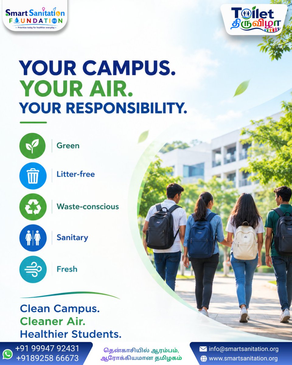 SmartSanitation's tweet photo. Your Campus. Your Air. Your Responsibility. 🌱💨

 #CampusAwareness #SmartSanitation #CleanCampus #CleanAir #HealthyStudents #Sanitation #WasteManagement #GreenCampus #WASH #Sustainability #SmartSanitationFoundation https://t.co/GNTNnEXf4V