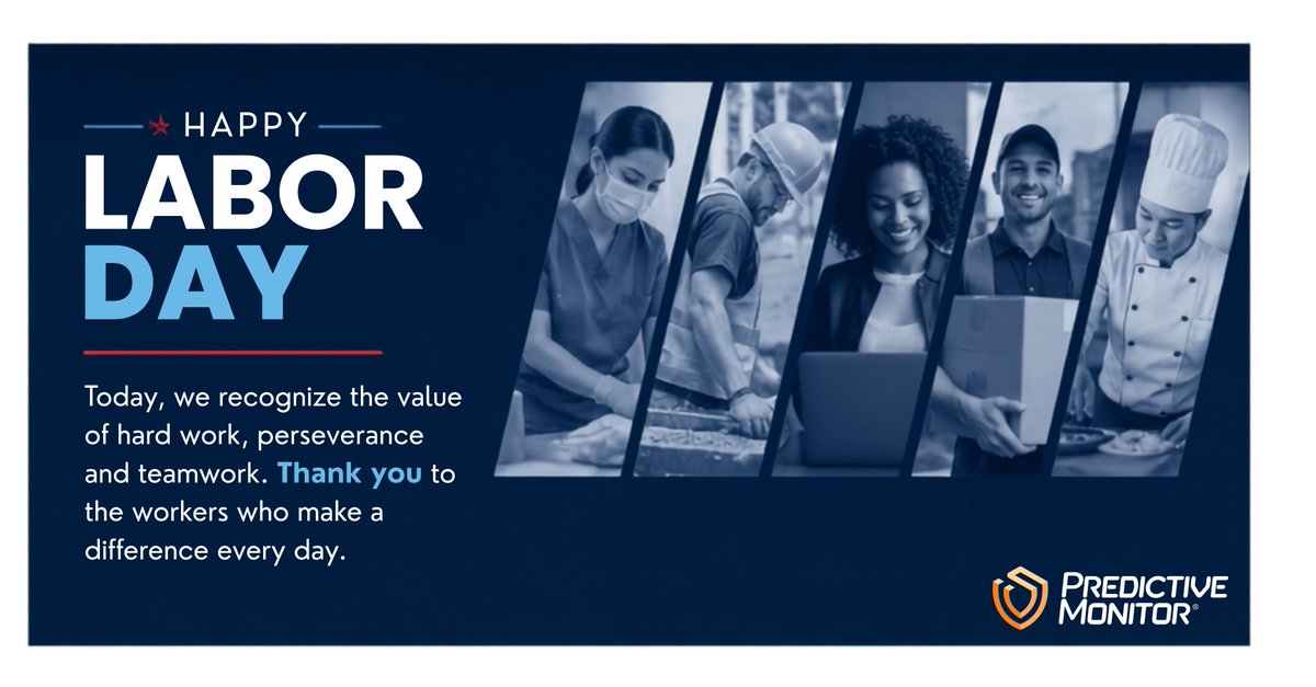OverShieldbyPM's tweet photo. Happy Labor Day from all of us at Predictive Monitor! 
Today, we recognize the hard work, dedication and contributions of workers across every industry. Your commitment strengthens our communities, drives progress and keeps our world moving forward. https://t.co/OUOMVYlRKA