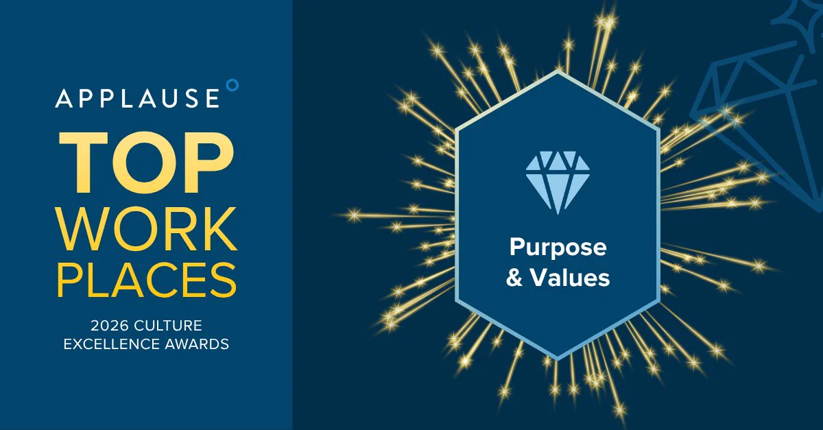 Applause Top Workplaces 2026 Culture Excellence Awards Badge, featuring the text "Purpose & Values" with a diamond symbol, surrounded by starburst design.