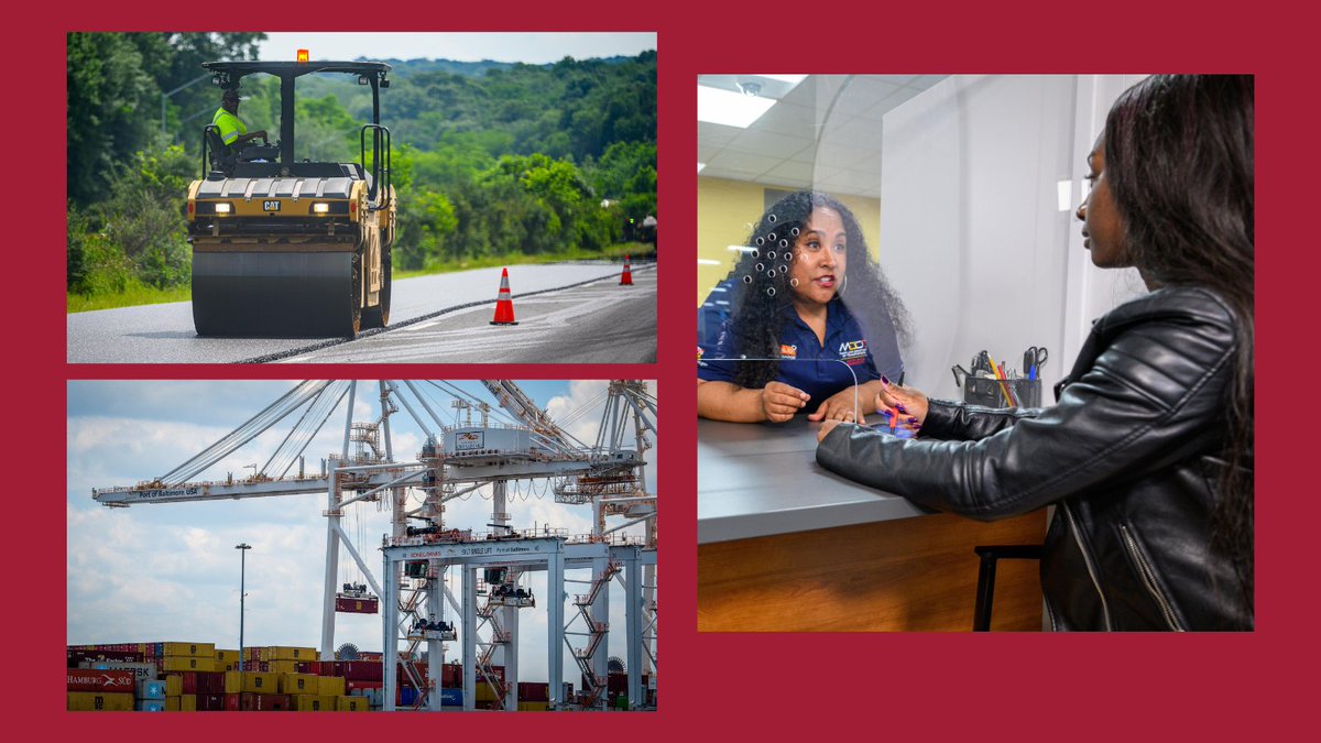 A collage highlighting MDOT workers, featuring a road roller, cargo cranes, and an employee assisting a customer behind a counter.