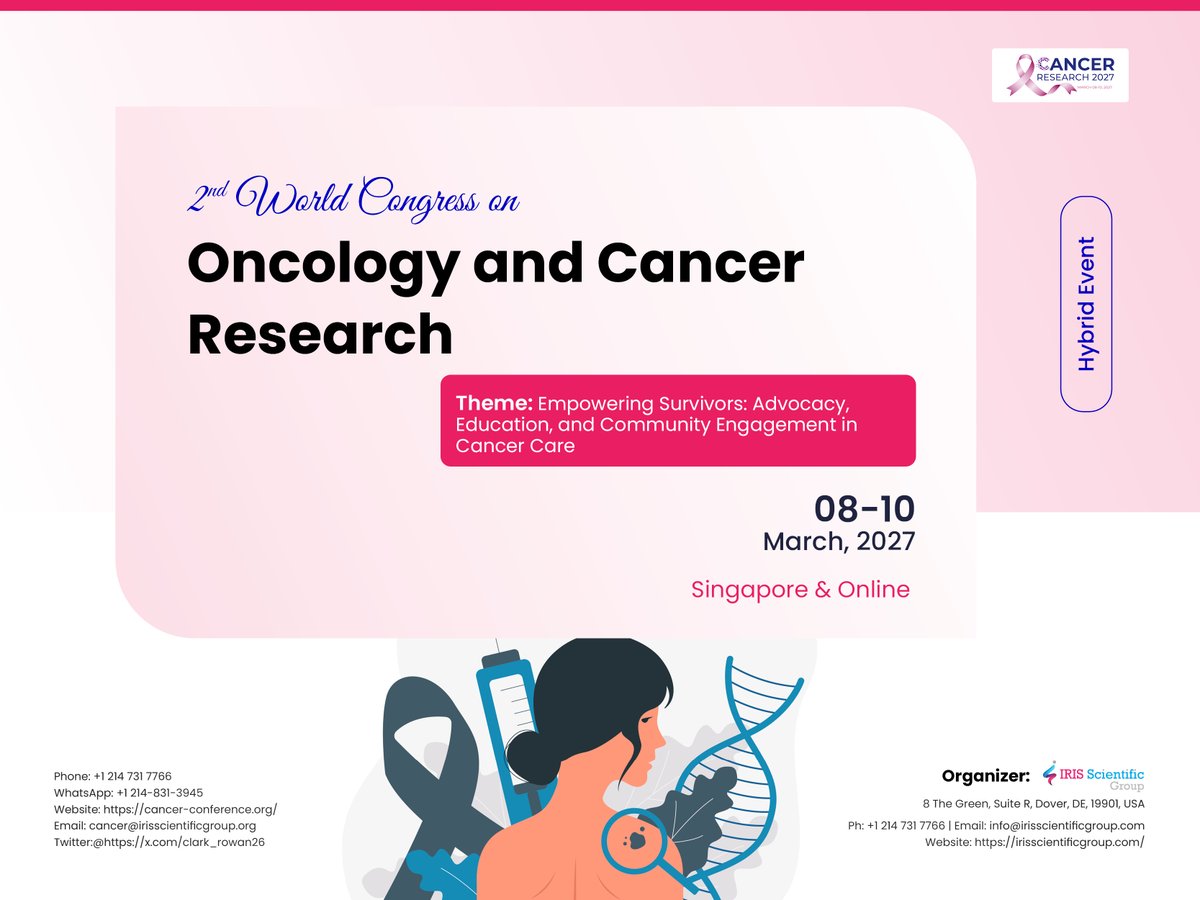 Cancer_Meeting's tweet photo. 📢 Cancer Research 2027 is coming!

📅 Mar 08–10, 2027
📍 Singapore &amp; Online
🌐 Explore: https://t.co/gSuoFdkx6p
Join global oncology experts &amp; advance cancer research! 🧬
Register : https://t.co/xC6cdsZMSF

#CancerResearch2027 #Oncology #CancerCare #CancerResearch https://t.co/jZ5b6PobIt