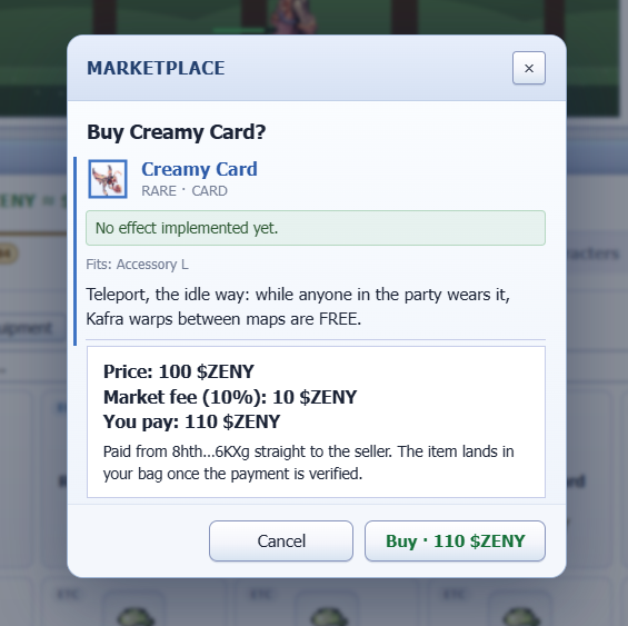A27Star's tweet photo. Found a Creamy Card on the Marketplace for only 110 ZENY after the 10% fee! It fits Accessory L and comes with a fun utility: if anyone in the party wears it, Kafra warps between maps are FREE. Cheap and useful for daily travel! @IdleROGame #IdleRO https://t.co/dBgElPlTsm