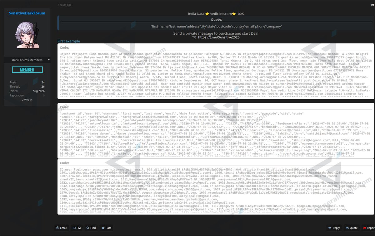 intels_daily's tweet photo. 🟠 𝗛𝗜𝗚𝗛 · 𝗗𝗯 𝗹𝗲𝗮𝗸

🏢 Target: 𝗩𝗲𝗱𝗶𝗰𝗹𝗶𝗻𝗲[.]𝗰𝗼𝗺

A user is selling a database containing sensitive personal information of individuals from India, including names, addresses, emails, and phone numbers, associated with the website Vedicline[.]com.

#DataLeak #DataBreach #ThreatIntel #CTI