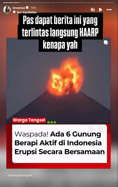 Jatosint's tweet photo. An Indonesian official who worked in the Government Communications Agency (Bakom), Ulta Levenia, suggested that the United States may have been behind recent natural disasters in Indonesia, including volcanic eruptions, by invoking conspiracy theories surrounding the HAARP research program, which she believes allows the U.S. to control weather/cause natural disasters

She questioned whether the disasters were entirely natural and linked their timing to President Prabowo Subianto’s recent engagement with Russia

FYI, she regularly uses conspiracy theories to discredit critics and shift responsibility away from the government when it faces public criticism