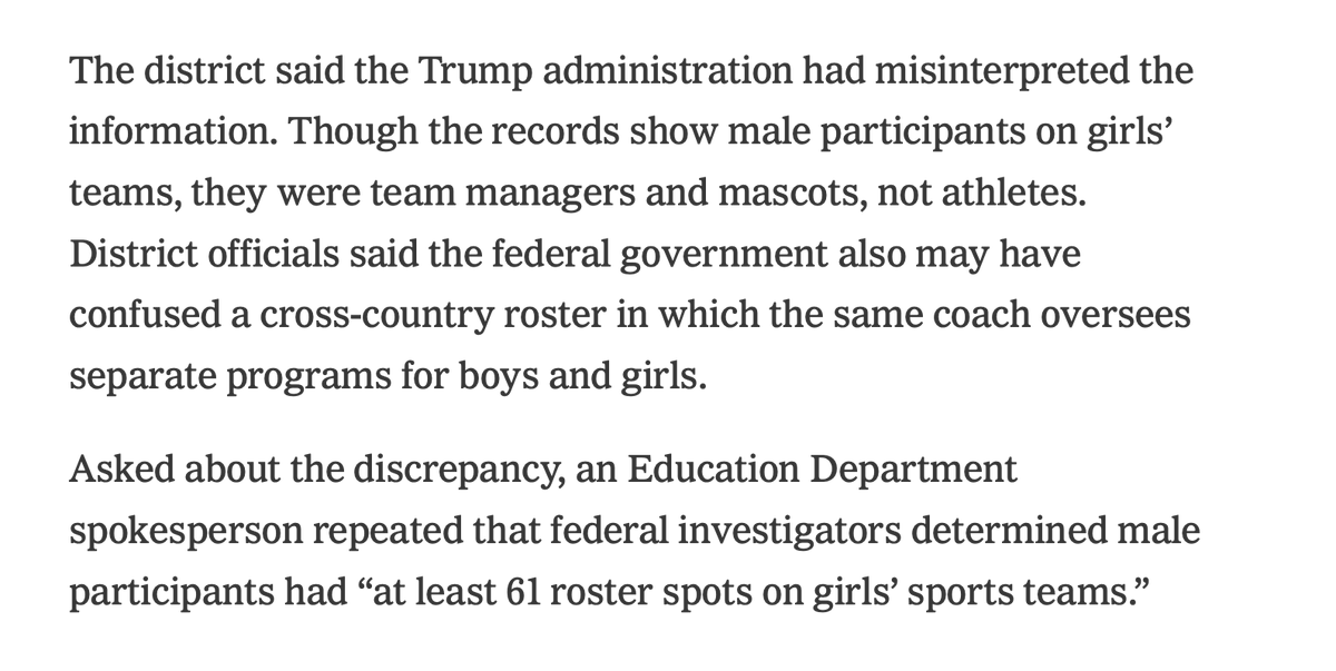 RichardHanania's tweet photo. Trump administration accused a school district having 61 biological males playing on girls teams.

The real number was 0. 

They had confused mascots and team managers for athletes. https://t.co/3FTLsHjZC1
