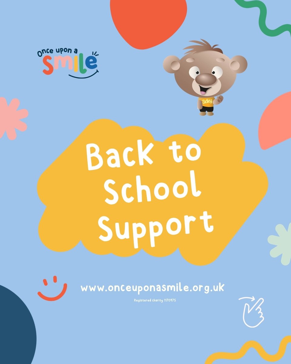 Blue tile with charity logo to the top left. On the right is a cartoon bear. Underneath is written Back to School Support and the charity website address