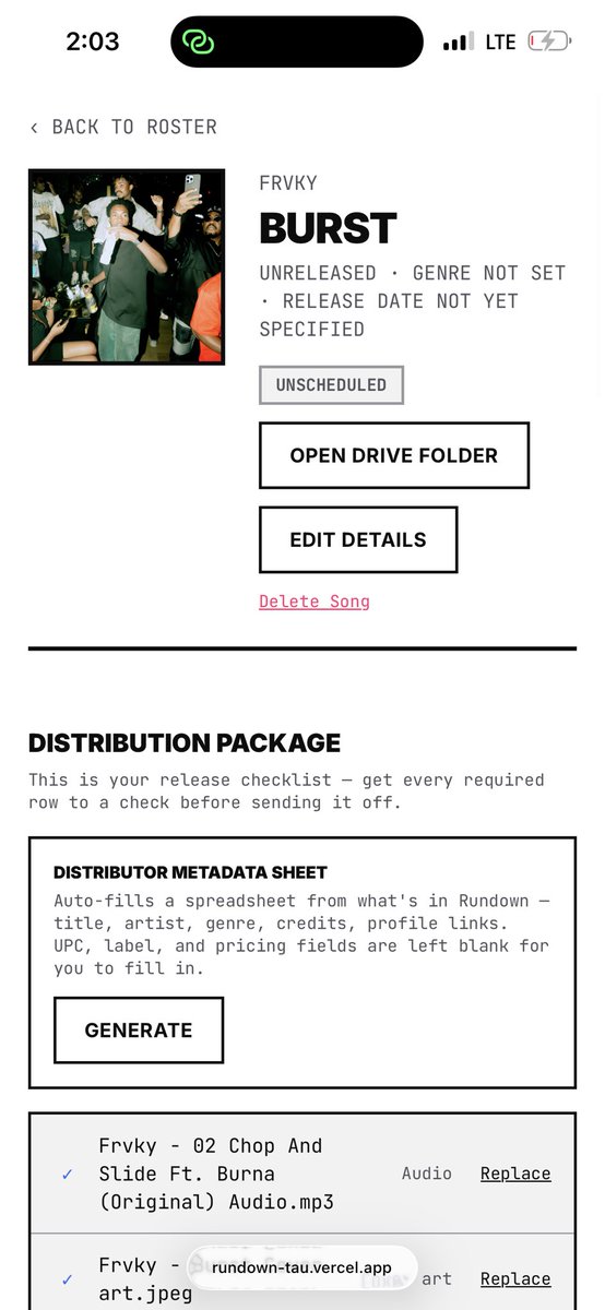 Frvkyy's tweet photo. worked on a web app that allows you upload your songs, gives you a checklist of all you need for release, you can generate your metadata, send to your distributor directly, blogs, djs and it’s all stored in your google drive. You can also share access with your team members. https://t.co/j2evvcG8jH