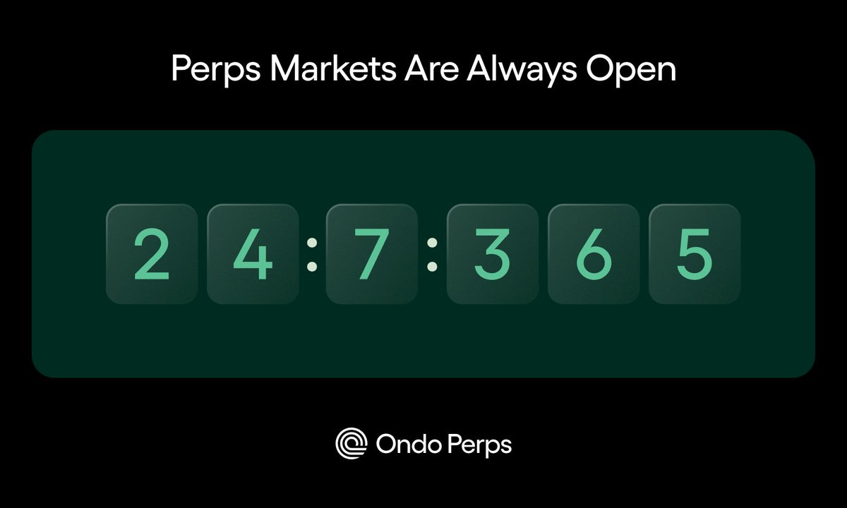 OndoPerps's tweet photo. Perps markets are always open.

✅ Public holidays
✅ Weekends
✅ Overnight

Trillions will soon trade 24/7/365. https://t.co/9F3LEDSbLs