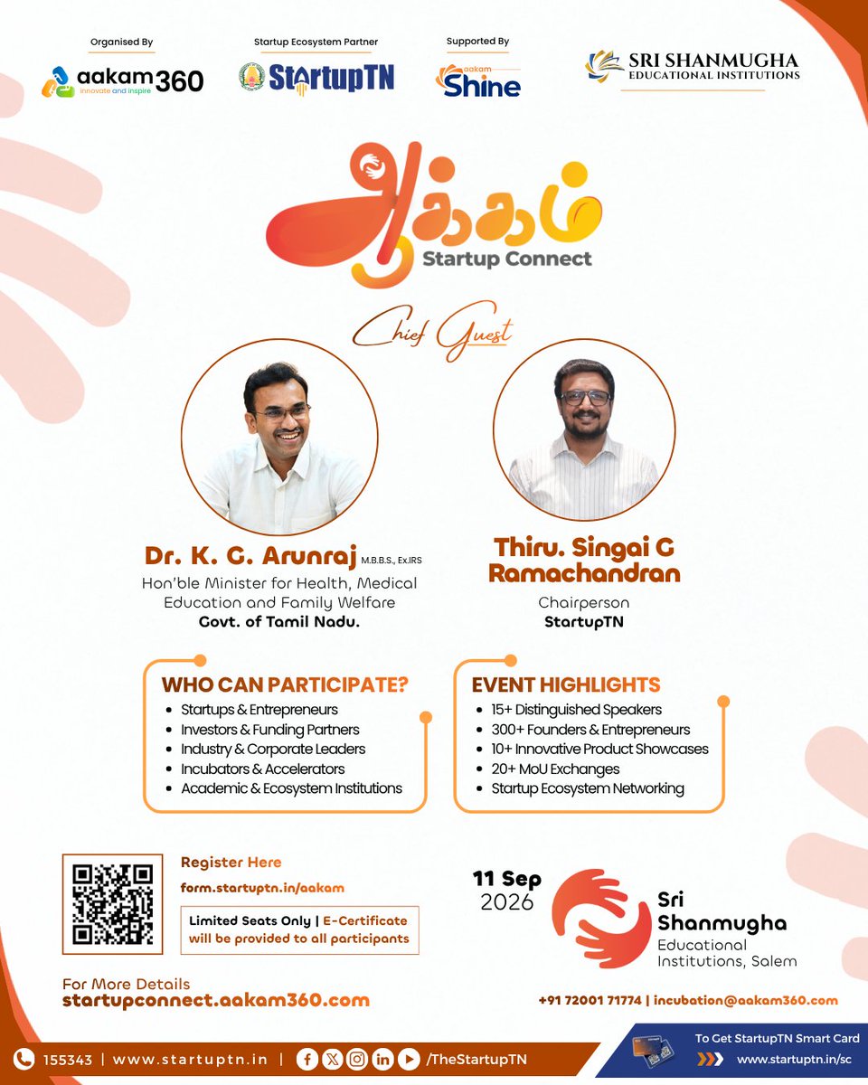 TheStartupTN's tweet photo. ஆக்கம் Startup Connect | Salem

11 September 2026
Sri Shanmugha Educational Institutions, Salem

Register Here: https://t.co/Akln5aNnUB

#StartupTN #AakamStartupConnect #StartupConnect 

@SingaiGR @TNDIPRNEWS https://t.co/xT6HQh5gEv