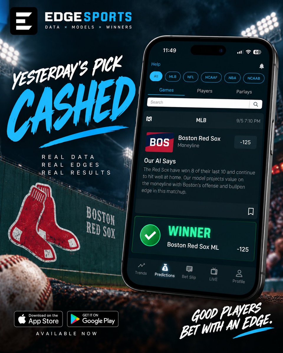 EdgeSportsApp's tweet photo. Boston’s bullpen slammed the door against the Orioles
Want more AI picks? Link in bio to download the FREE
EdgeSports app.
#redsox #orioles #mlb #baseball #sportspicks
#lockoftheday #aipicks #edgesports https://t.co/zf1FVMDgL1
