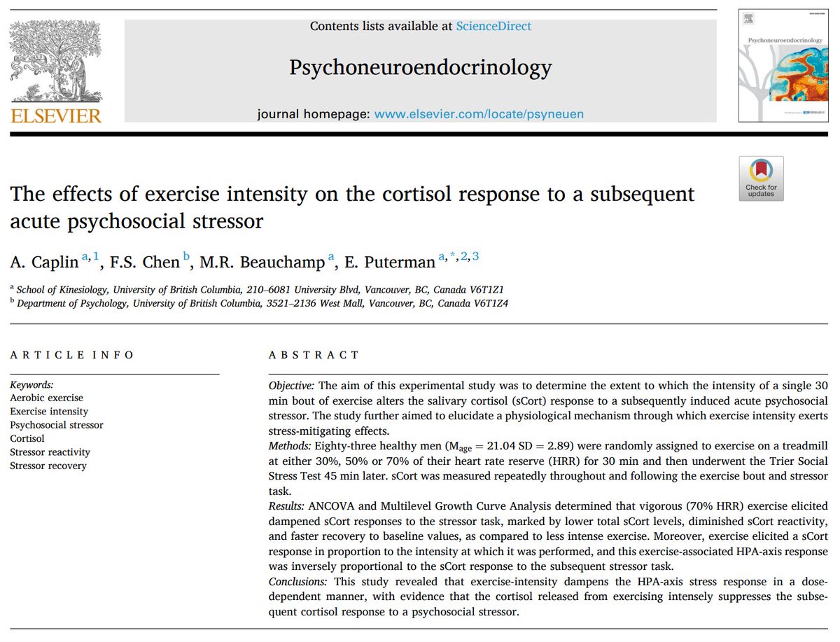 NTFabiano's tweet photo. The cortisol spike from exercise suppresses the next cortisol response from a stressor.

Exercise before stressful things. https://t.co/3GiAy2iguh
