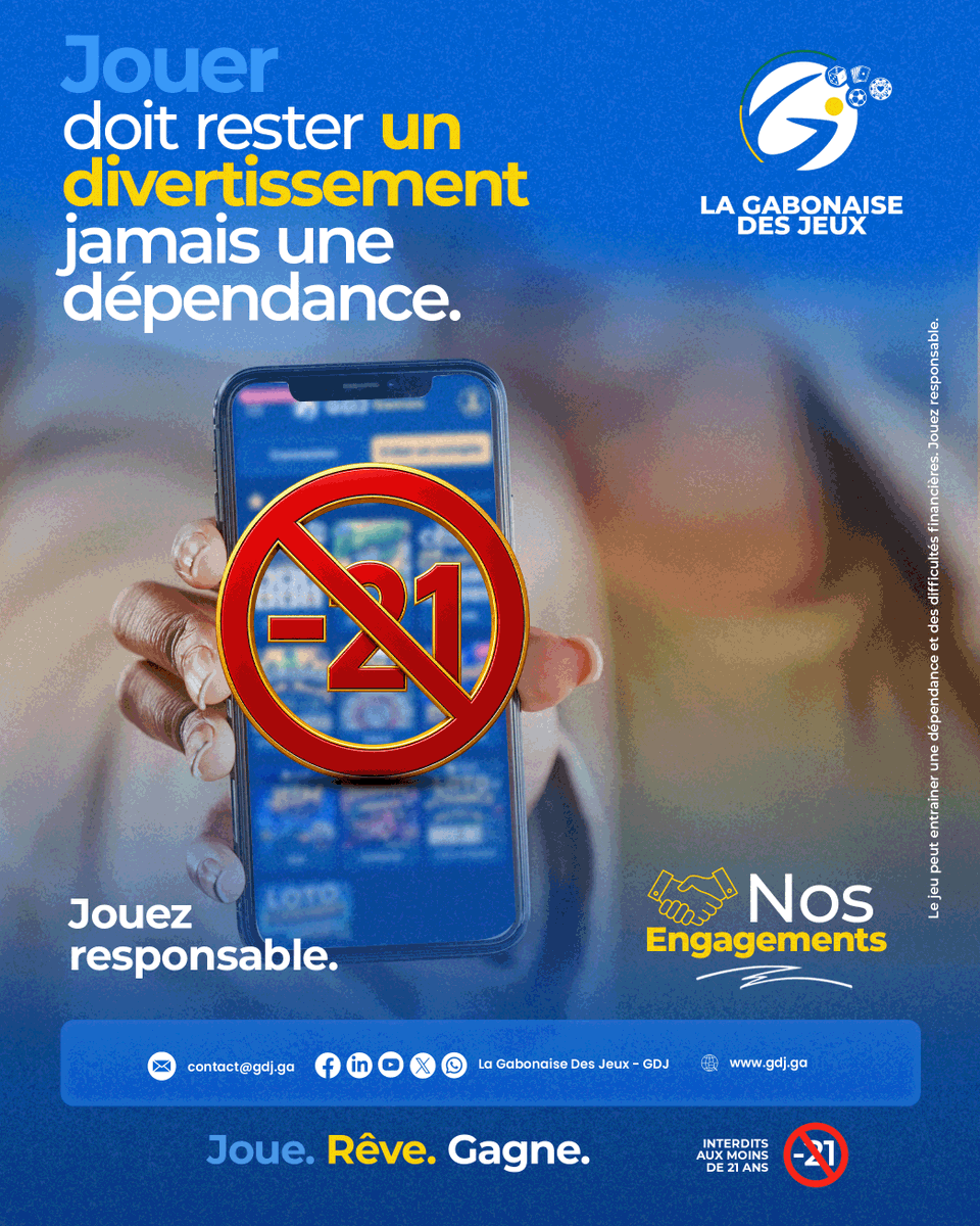 GabDesJeux's tweet photo. 𝐏𝐫𝐨𝐭𝐞𝐜𝐭𝐢𝐨𝐧 𝐝𝐞𝐬 𝐣𝐨𝐮𝐞𝐮𝐫𝐬.

La GDJ met en place une politique de prévention dédiée aux publics vulnérables, notamment les personnes âgées de 𝐦𝐨𝐢𝐧𝐬 𝐝𝐞 𝟐𝟏 𝐚𝐧𝐬. 

Jouer doit rester un divertissement et jamais une dépendance.
#Gabon #Gdj #MonopoledEtat https://t.co/PGLQhkmtPj