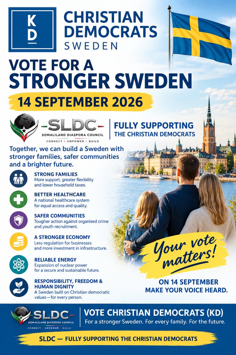 SpaceFaras's tweet photo. A stronger Sweden starts with strong families, safer communities, better healthcare and a brighter future. On 14 September, make your voice heard. SLDC fully supports the Christian Democrats (KD).
#Val2026 #Kristdemokraterna #KD #Sverige #SLDC https://t.co/xXixf4OCjH